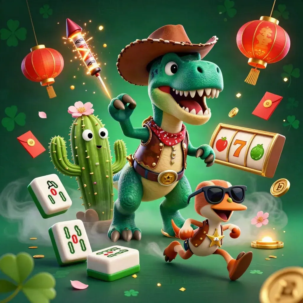 Cowboy T-Rex, cactus sidekick, and roadrunner in neon casino storm key art