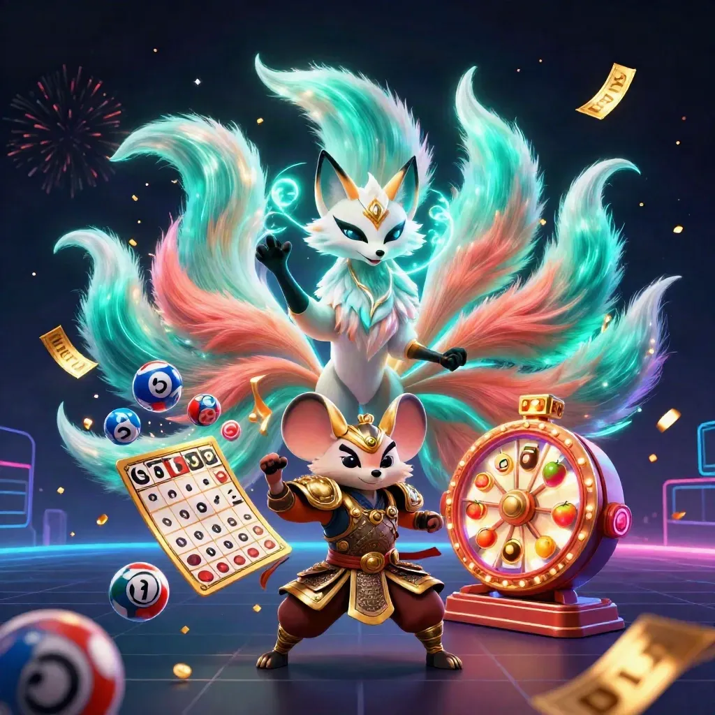 Fox spirit and samurai mouse amid casino bursts, reels, gold sparks and neon storm glow.