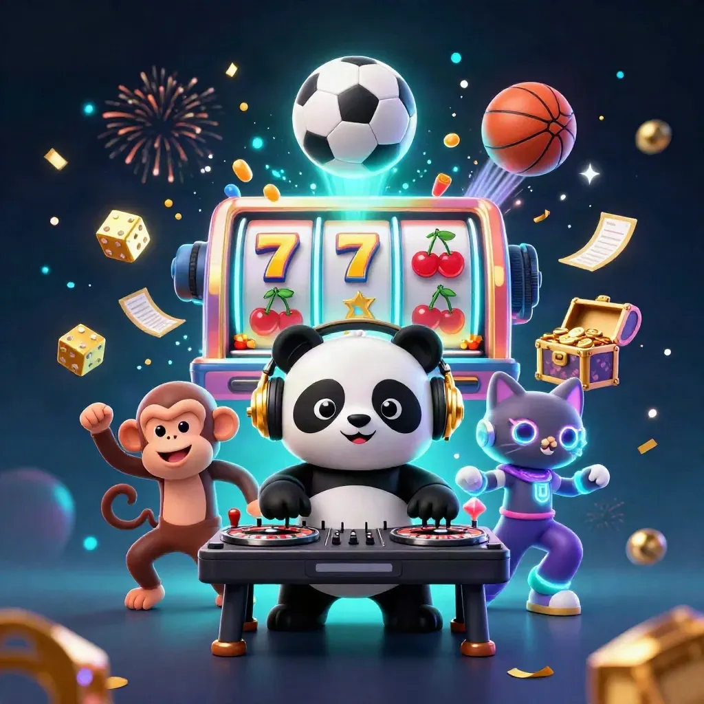 Panda DJ, monkey and glow-stick kitten amid slot bursts, sports balls and stormy neon casino light.
