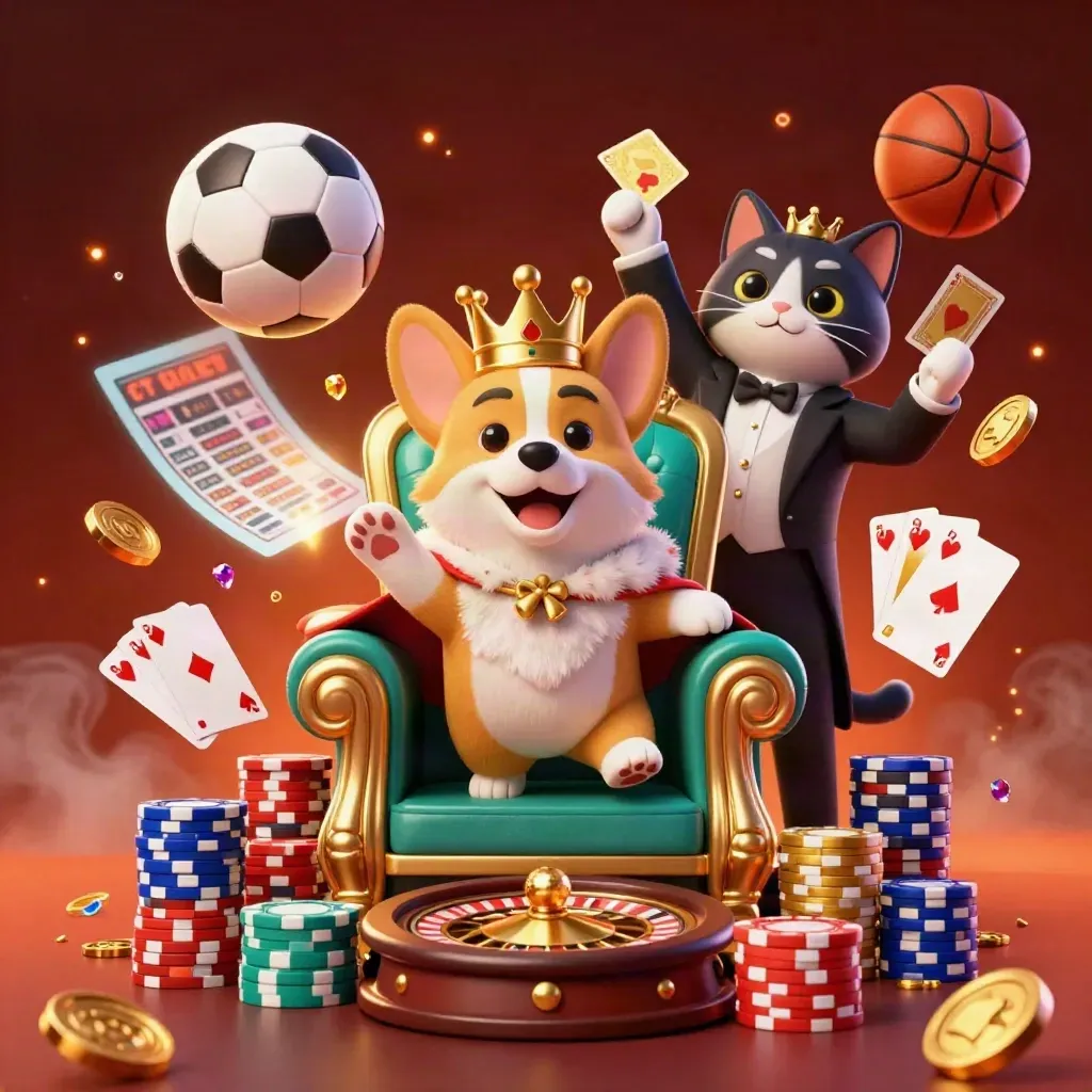 Royal corgi and cat butler amid casino chips, coins, cards, roulette, and flying sports balls.
