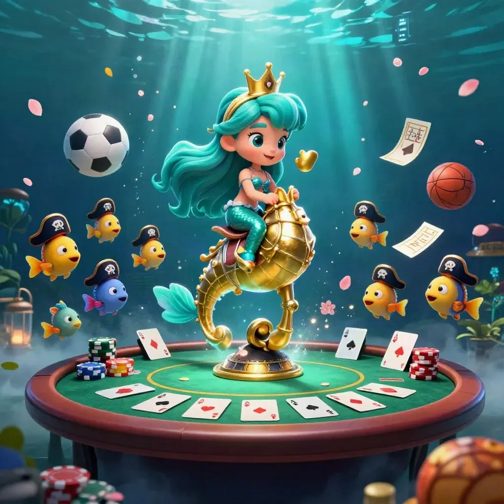 Mermaid princess on armored seahorse amid casino chips, cards, fish, and underwater glow.