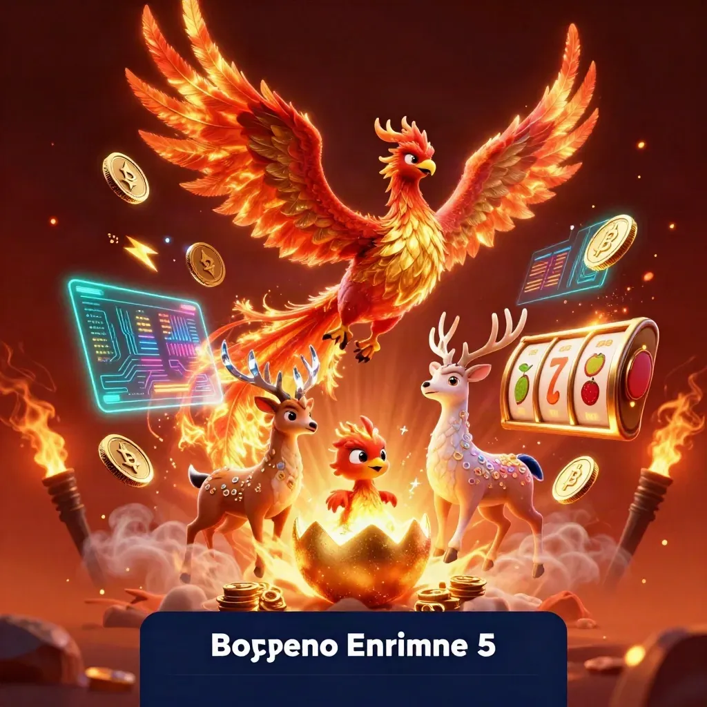 Fire phoenix, hatching baby phoenix, crystal stag, neon coins and slot symbols.