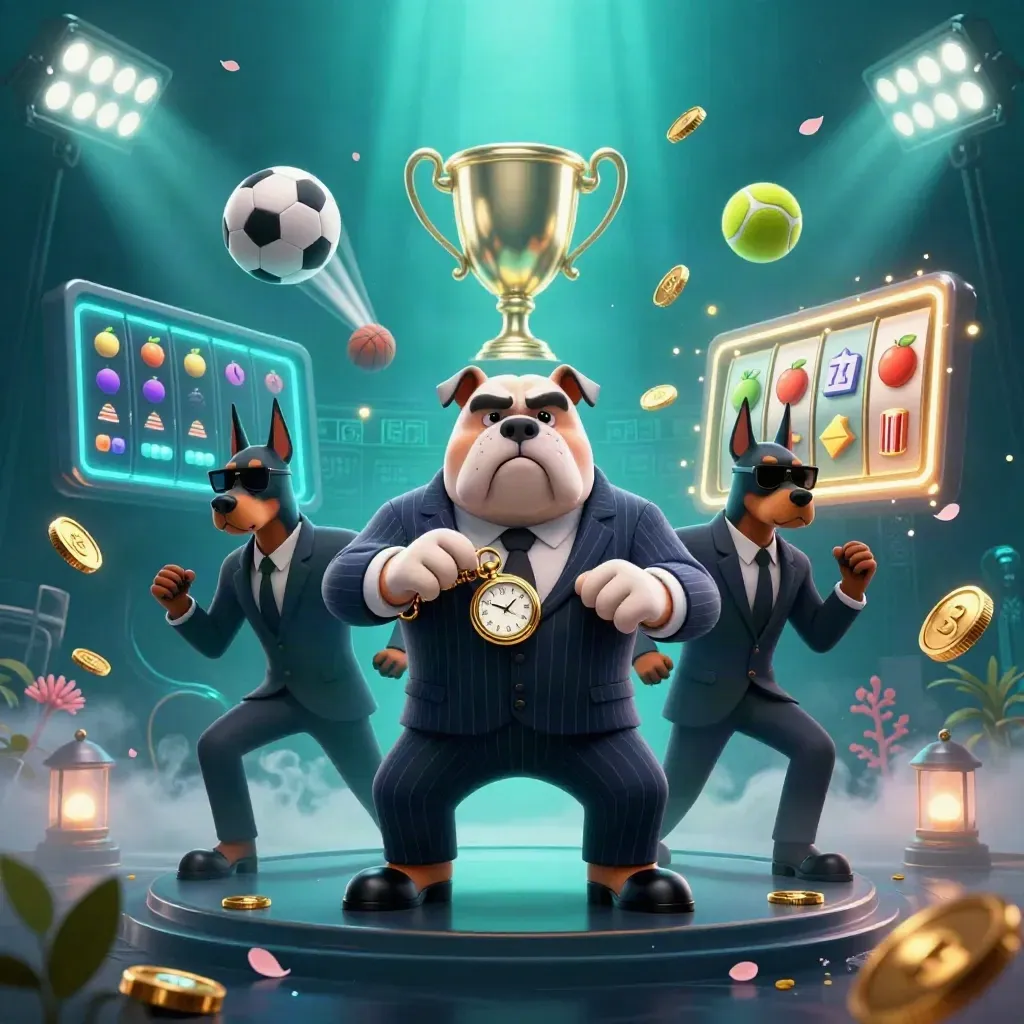 Bulldog mafia boss and two Dobermans amid stormy casino lights, balls, coins, reels and runes.