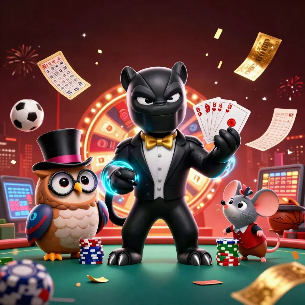 Panther, owl, and mouse amid casino chips, balls, and fireworks in a neon storm