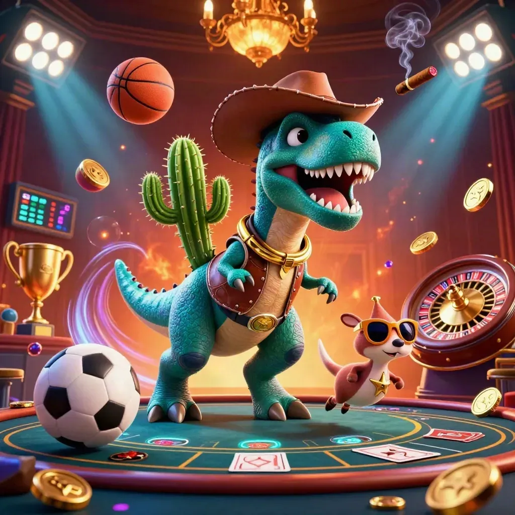 Cowboy T-Rex, cactus, and roadrunner in a neon casino storm of gold and teal.