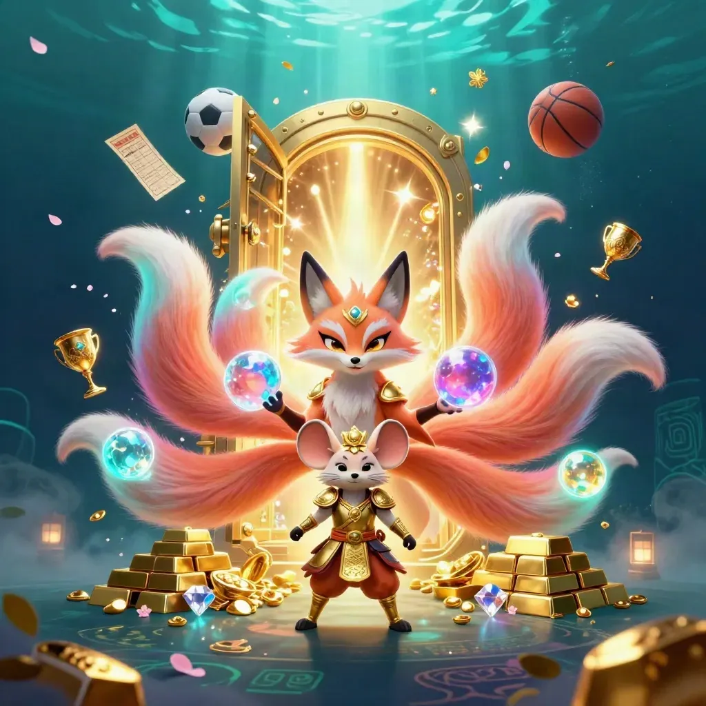 Neon fox spirit and armored mouse amid casino treasure, sports balls, and glowing magic.