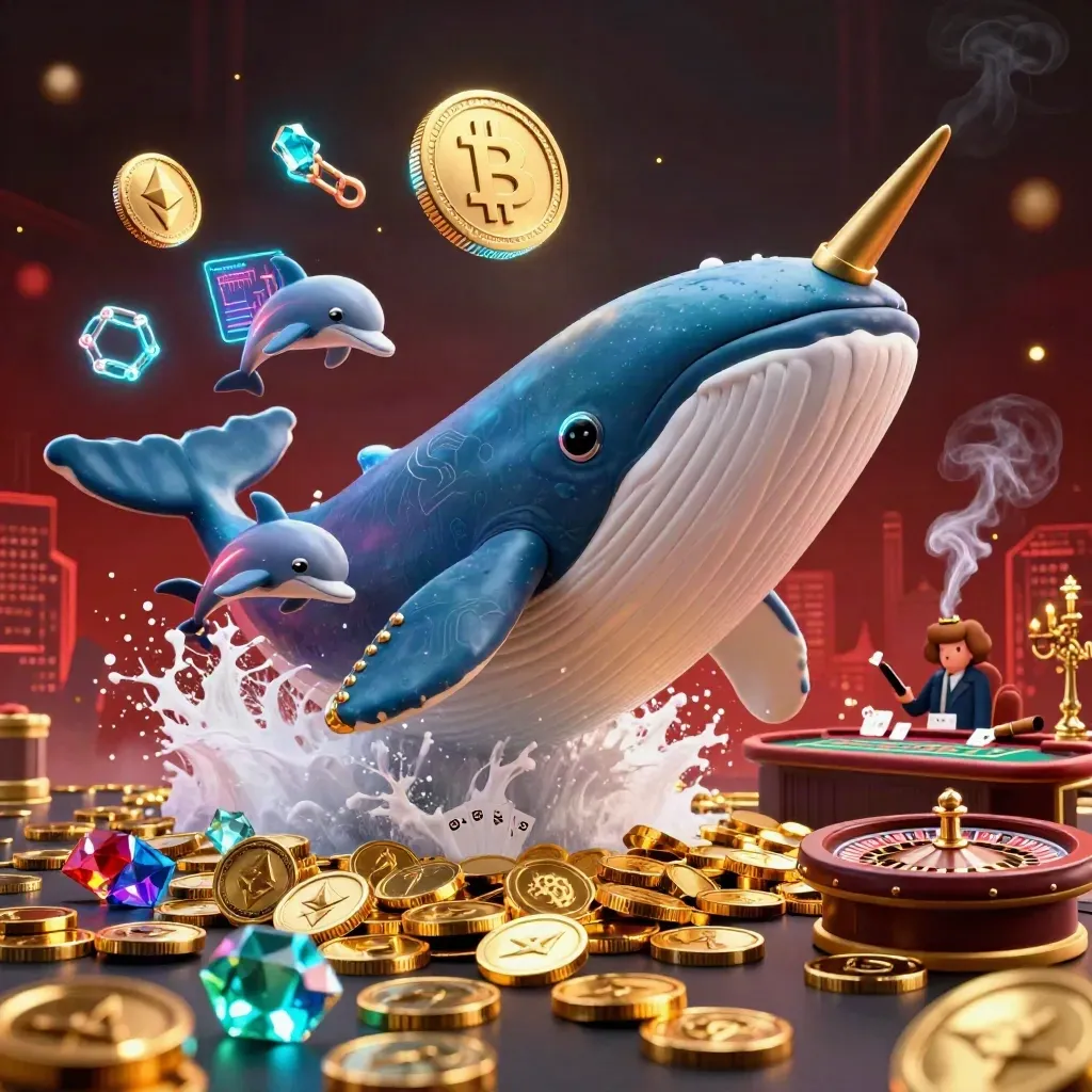 Whale captain, narwhal, and dolphins in a neon casino storm with gold coins and glowing lights.