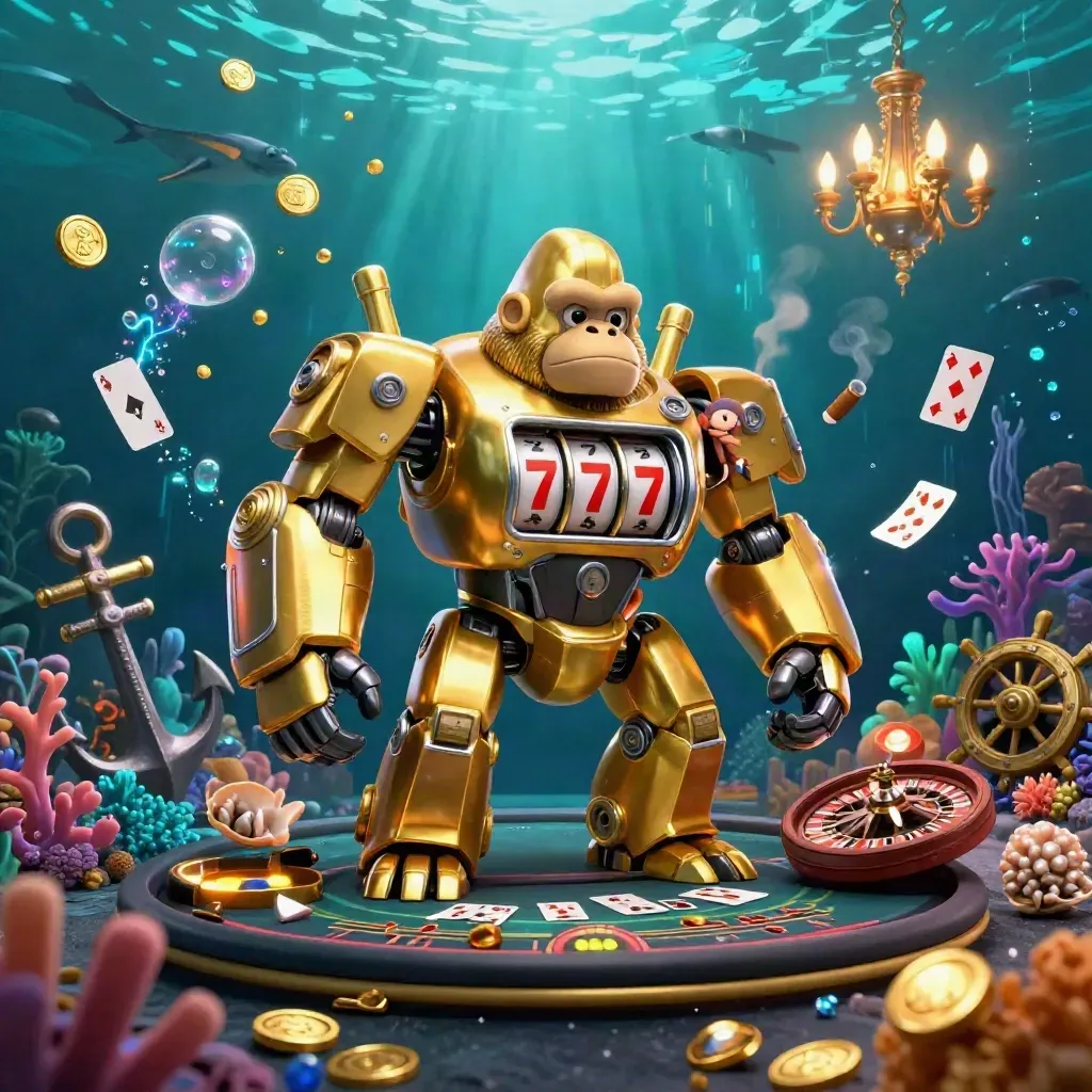 Golden gorilla mech with monkey pilot in an underwater casino storm of coins, coral, and neon light