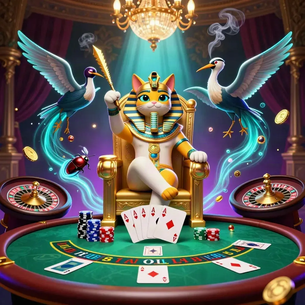 Pharaoh cat, ibis scribe and gem-winged scarabs amid casino tables, chips, gold, teal storm lights