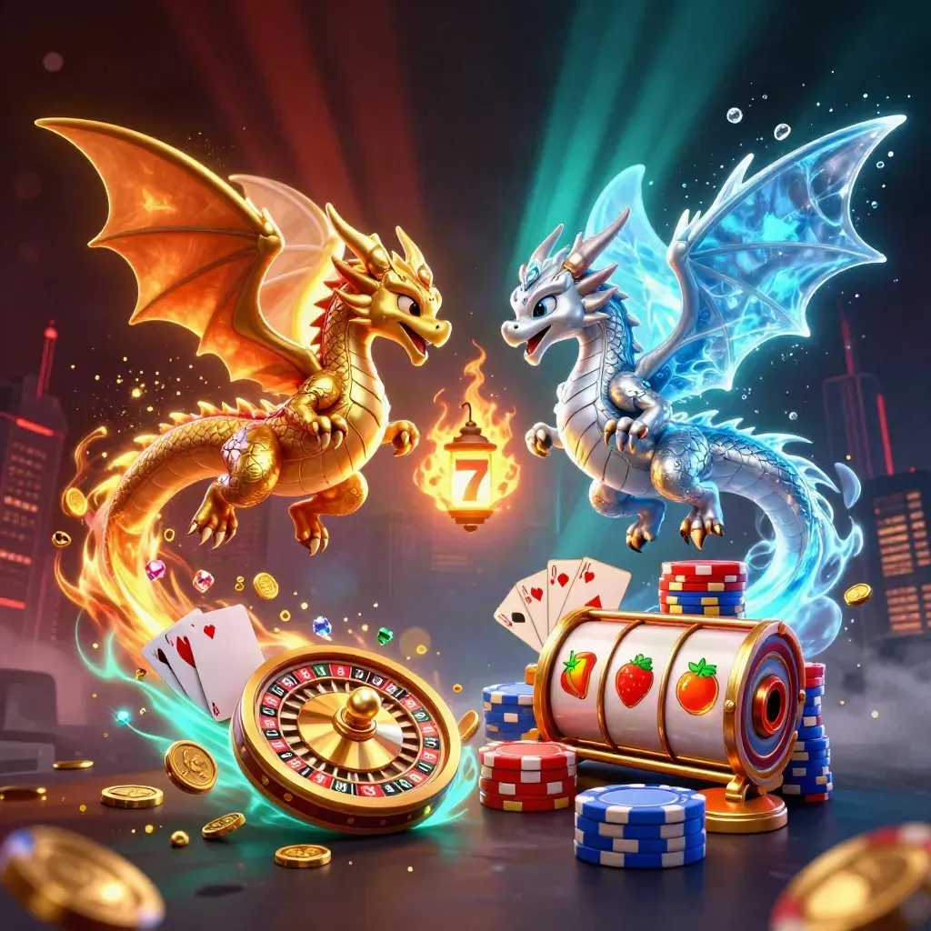 Twin gold and silver dragons clash with teal fire and ice amid coins, gems, roulette, and chips.