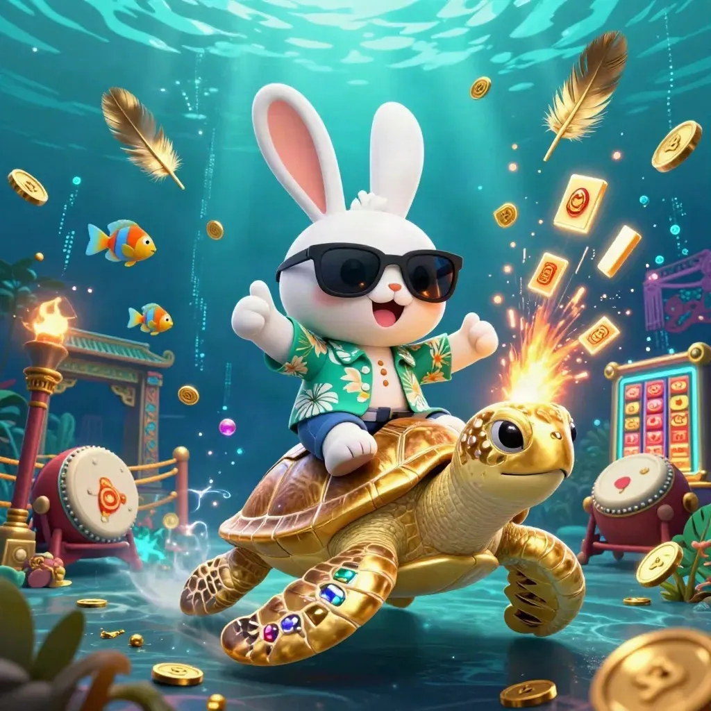 Lucky rabbit rides a golden sea turtle through neon underwater casino treasure chaos.