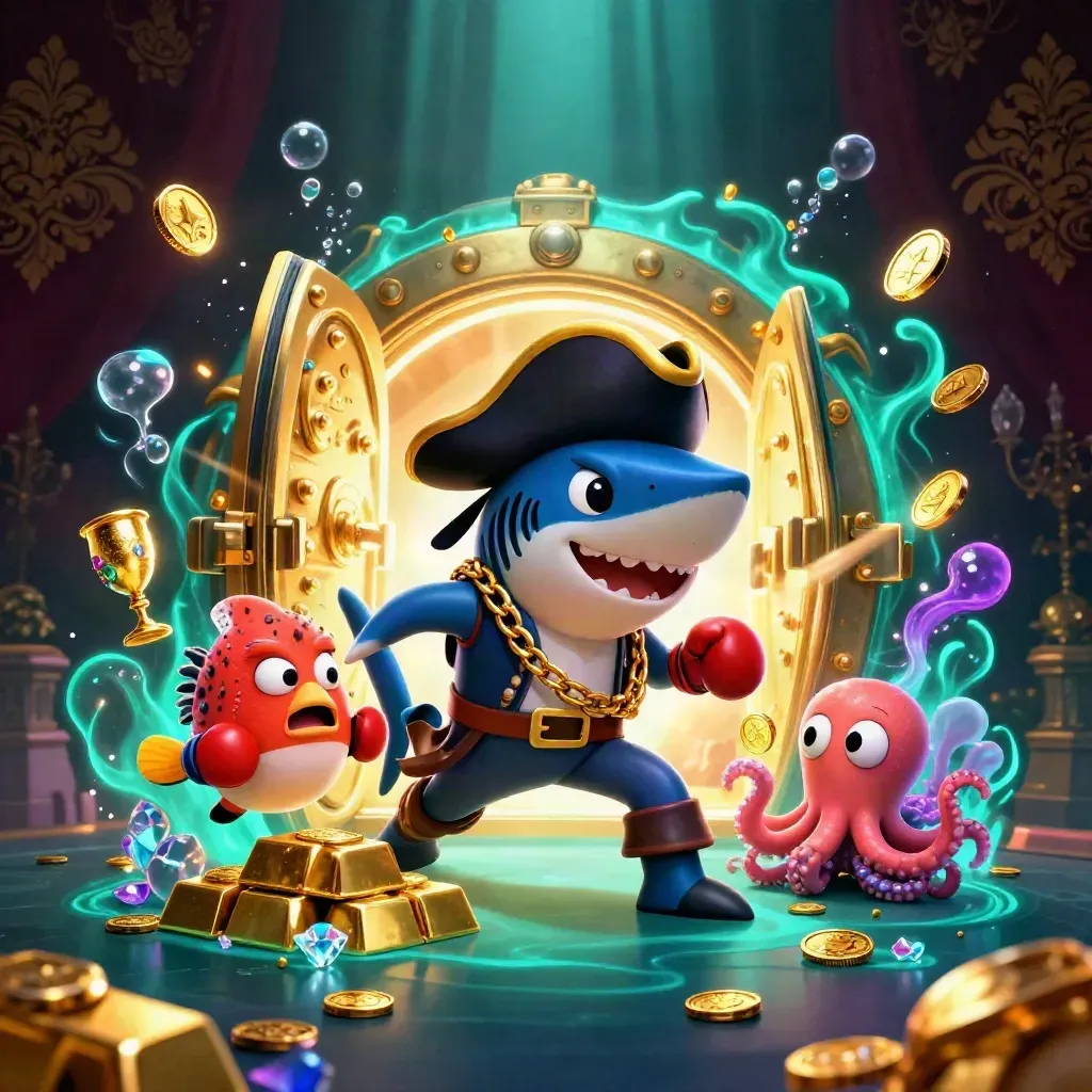 Pirate shark, boxing pufferfish, and coin-juggling octopus amid treasure and teal storm glow.