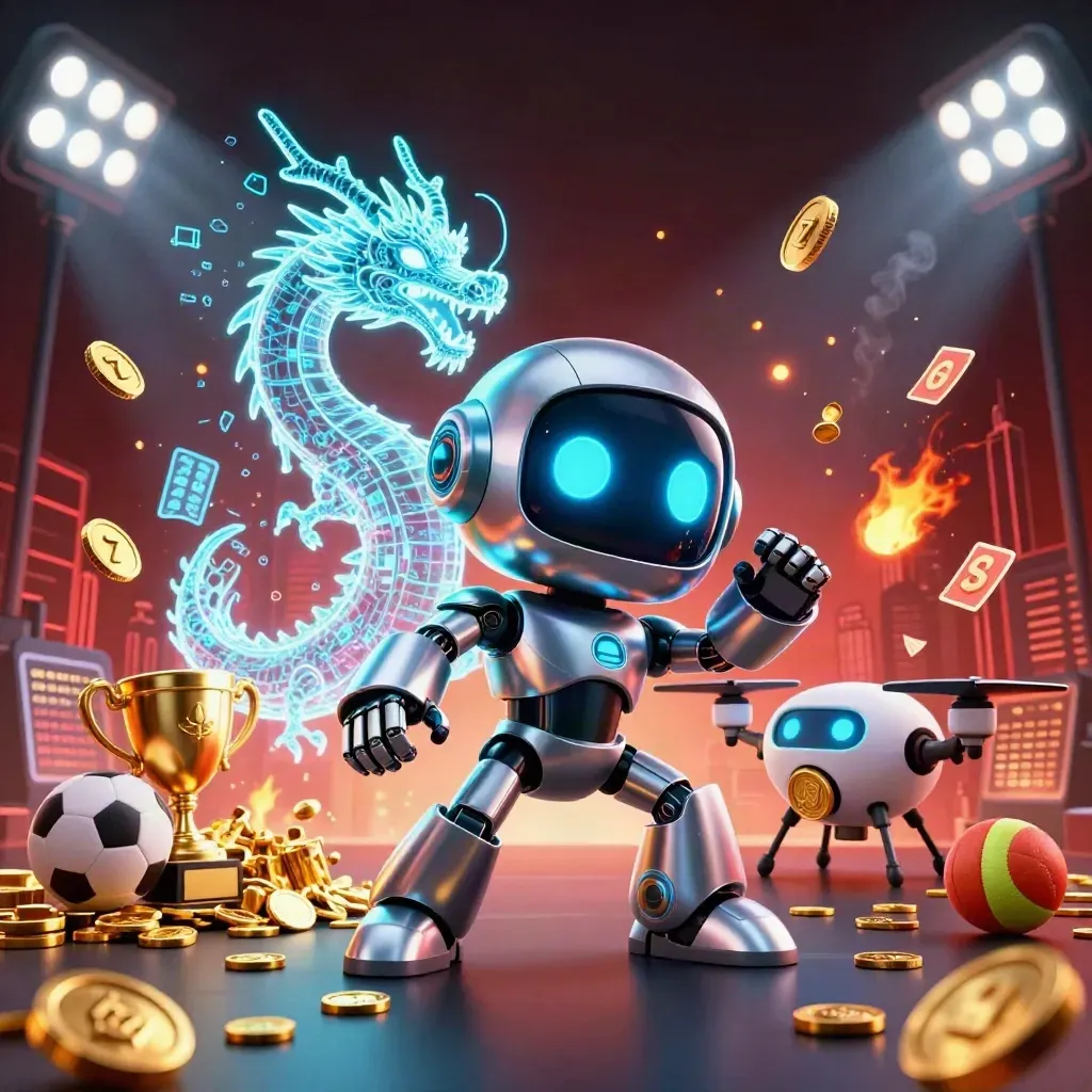 Cyberpunk robot, holographic dragon, and coin drone amid coins, sports balls, and storm neon casino glow.