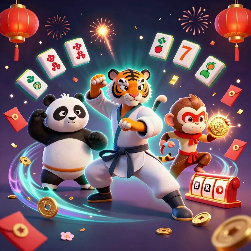 Kung-fu tiger, panda, and monkey amid slot icons, lanterns, coins, and fireworks in neon storm light.