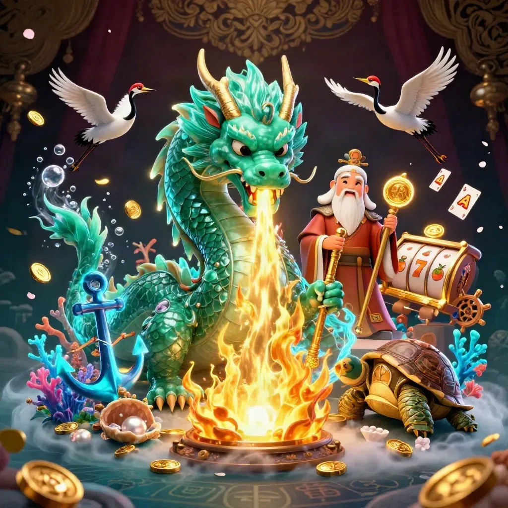 Emerald dragon, turtle sage and cranes summon gold fire over a stormy treasure cove.