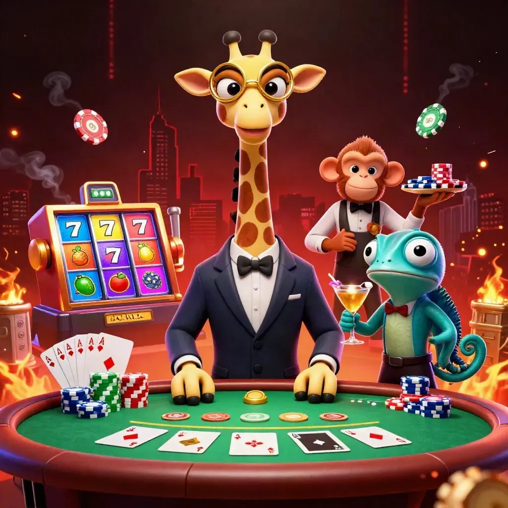 Giraffe, monkey, and chameleon celebrate at a neon poker table with chips, reels, and fireworks.