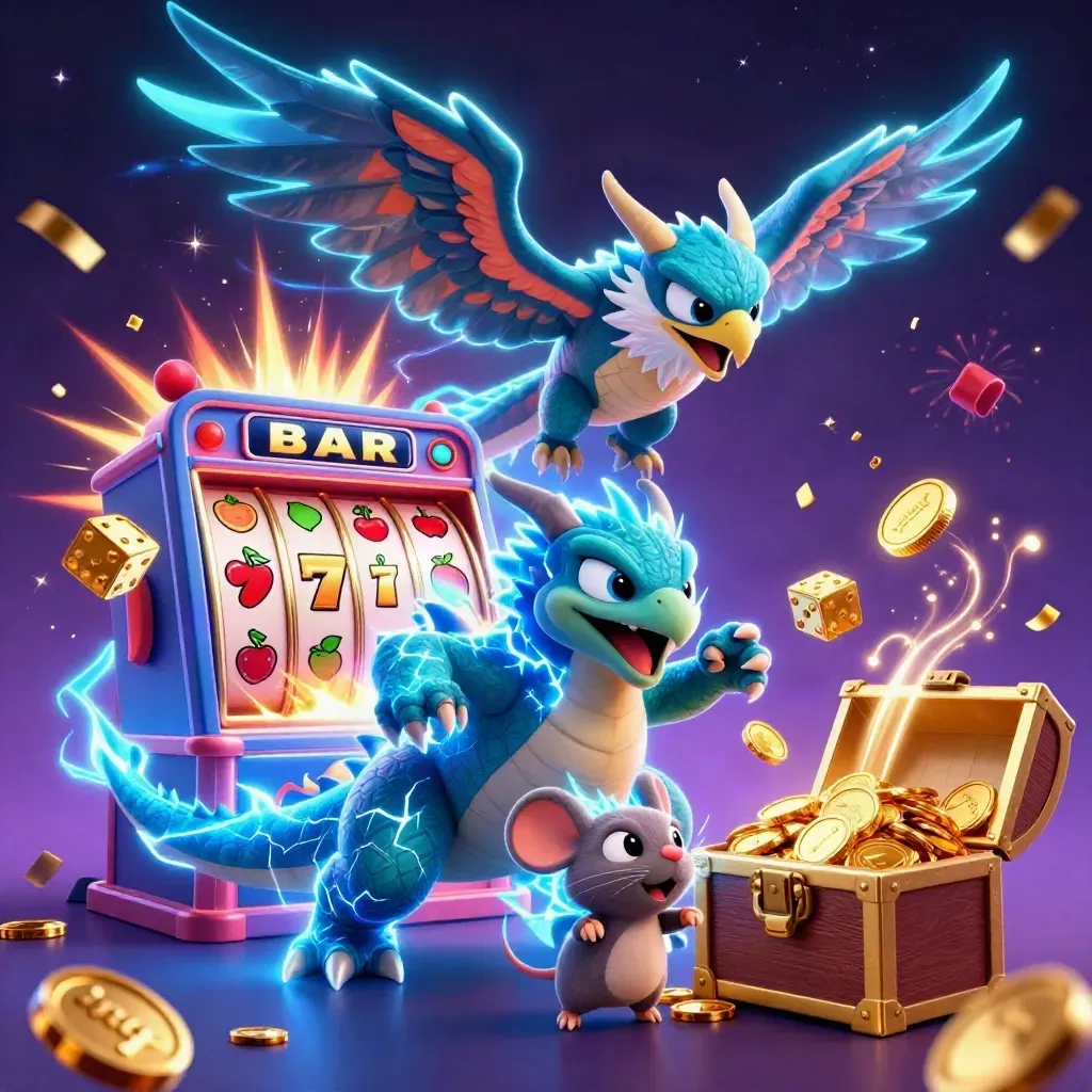 Thunder dragon, wind hawk, and static mouse amid a bursting slot machine, gold coins, fireworks, and lightning.