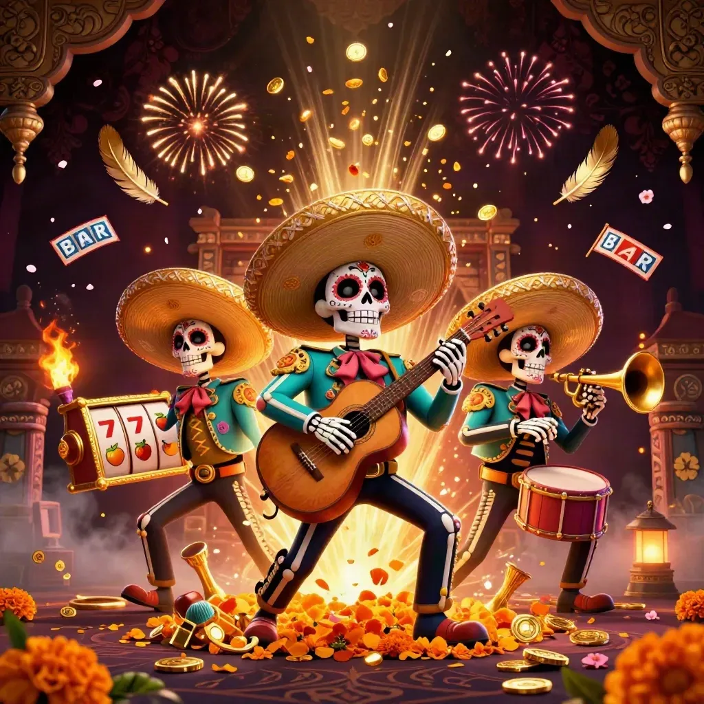 Three sugar-skull mariachi skeletons amid coins, fireworks, and stormy casino light
