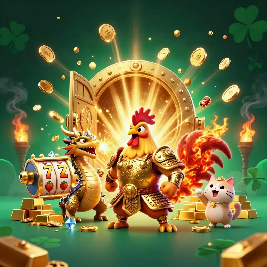 Rooster samurai, spark-breathing dragon hatchling, and cheering fortune-cat amid vault gold and casino symbols.