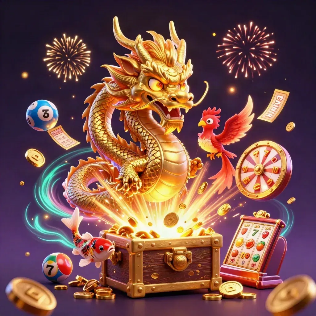 Dragon, phoenix, koi, coins, reels and jackpot burst in a neon storm casino scene.
