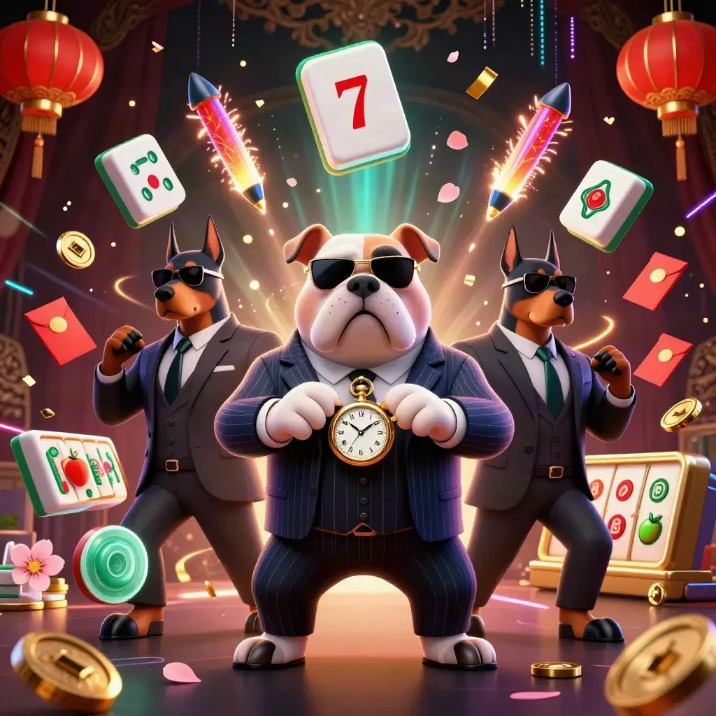Mafia bulldog and two Dobermans in a neon storm casino burst with gold symbols and reels.