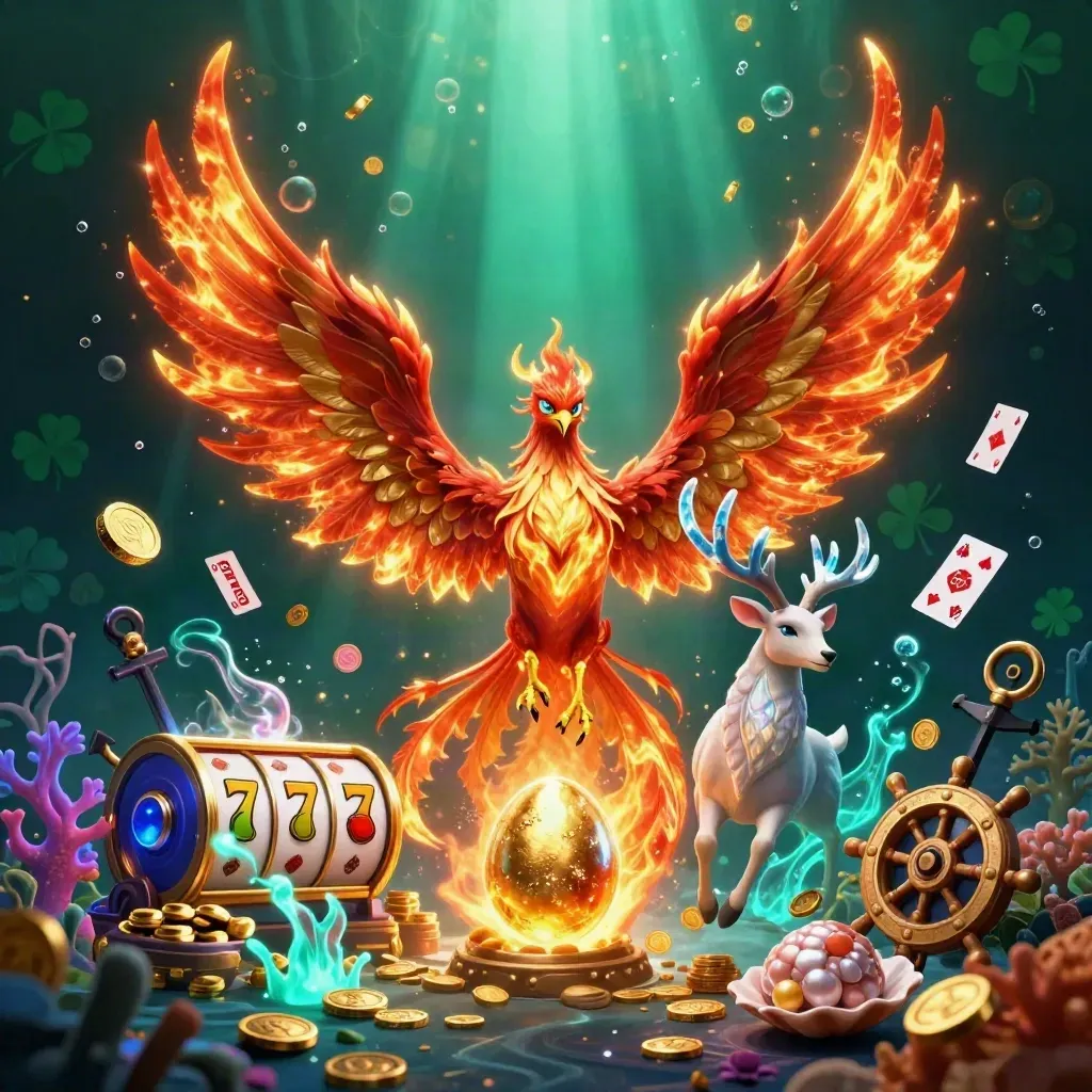 Fire phoenix, hatching baby phoenix, and crystal-antler stag over a neon treasure cove.