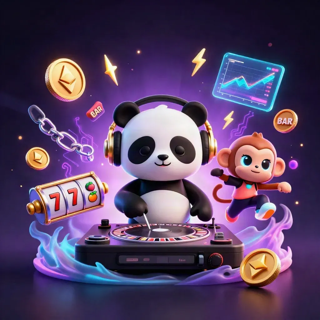 DJ panda, dancing monkey and glow-stick kitten in a neon casino storm with coins and lightning