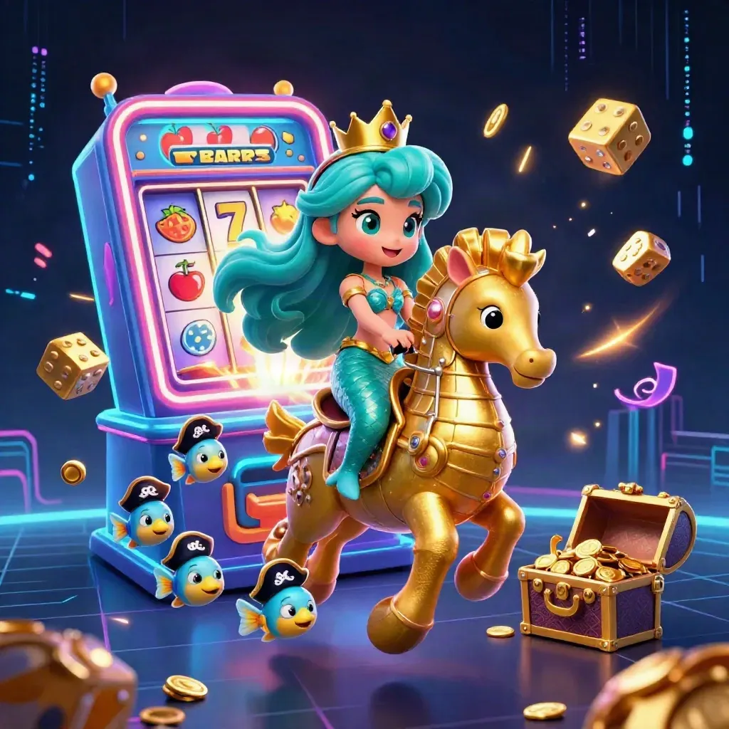 Mermaid princess on golden seahorse amid slot burst, pirate fish, gold, neon storm.