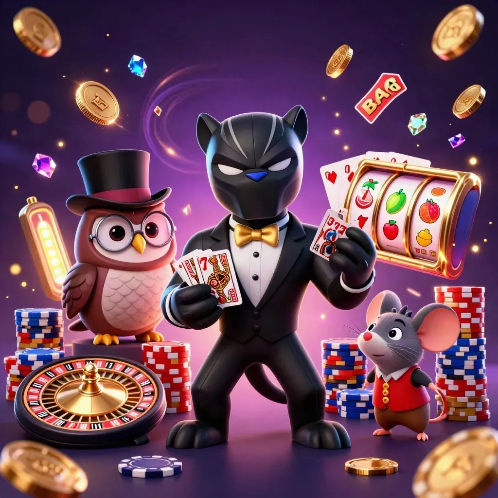 Panther, owl, and mouse casino heroes amid coins, chips, reels, and glowing stormy lights.