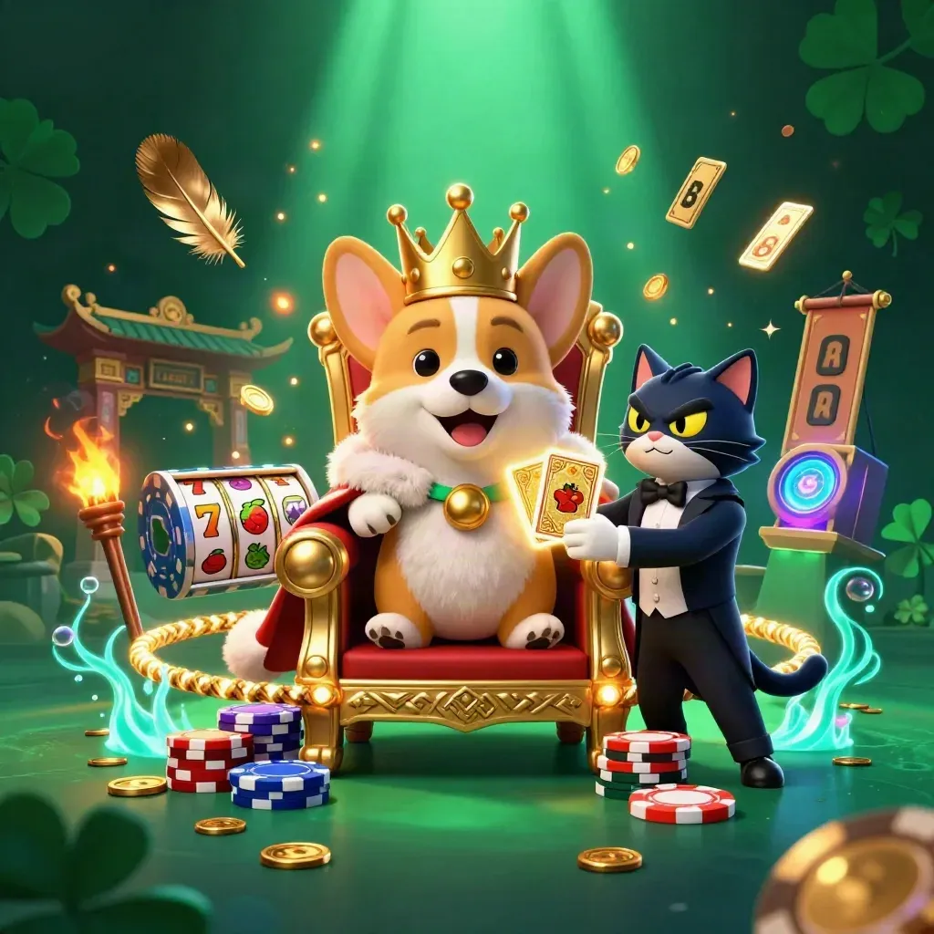 Royal corgi on poker-chip throne with cat butler, stormy casino symbols and glowing teal-gold effects.